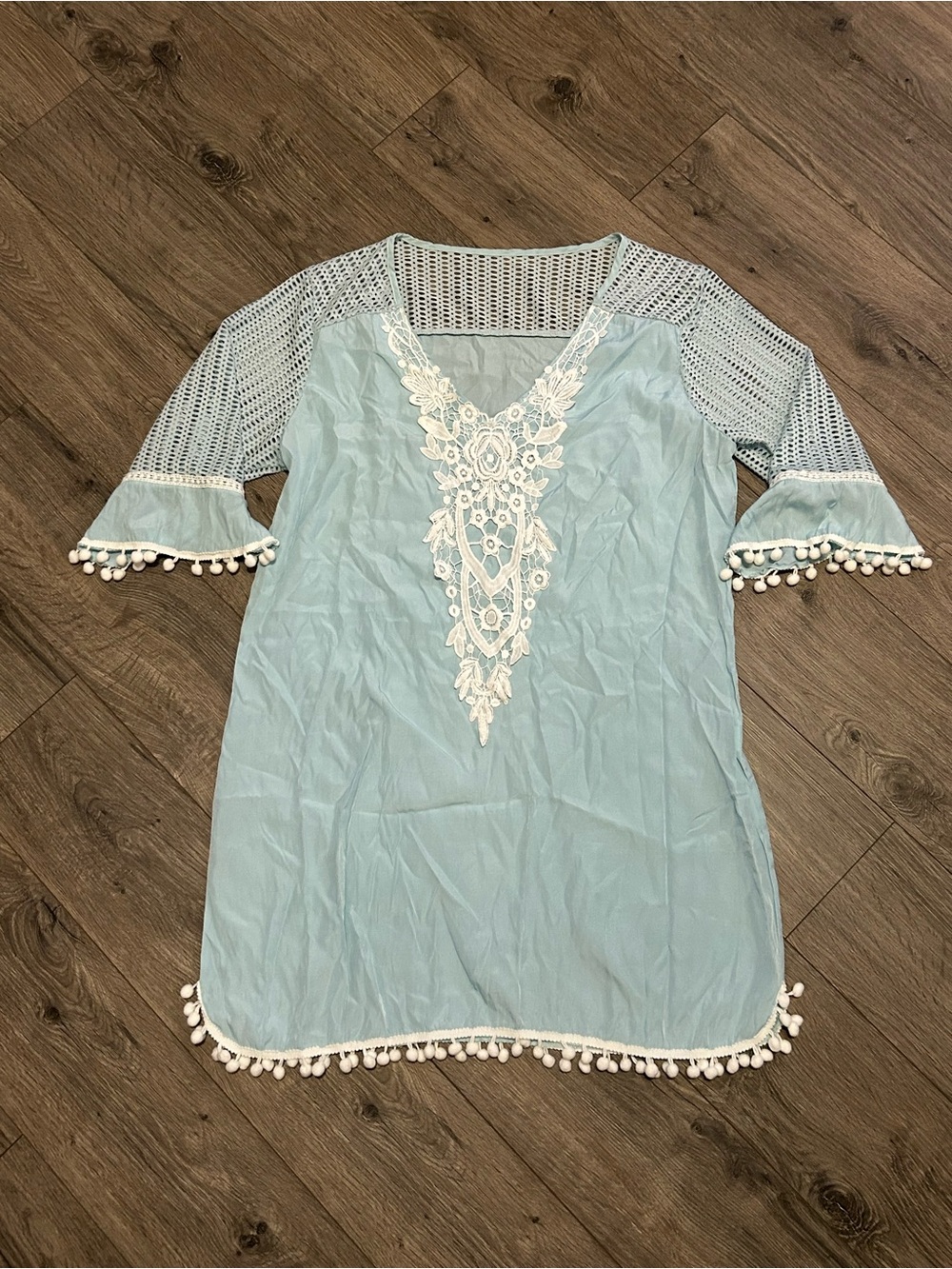 Light Blue Embroidered Pom-Pom Women’s Tunic Top/coverup